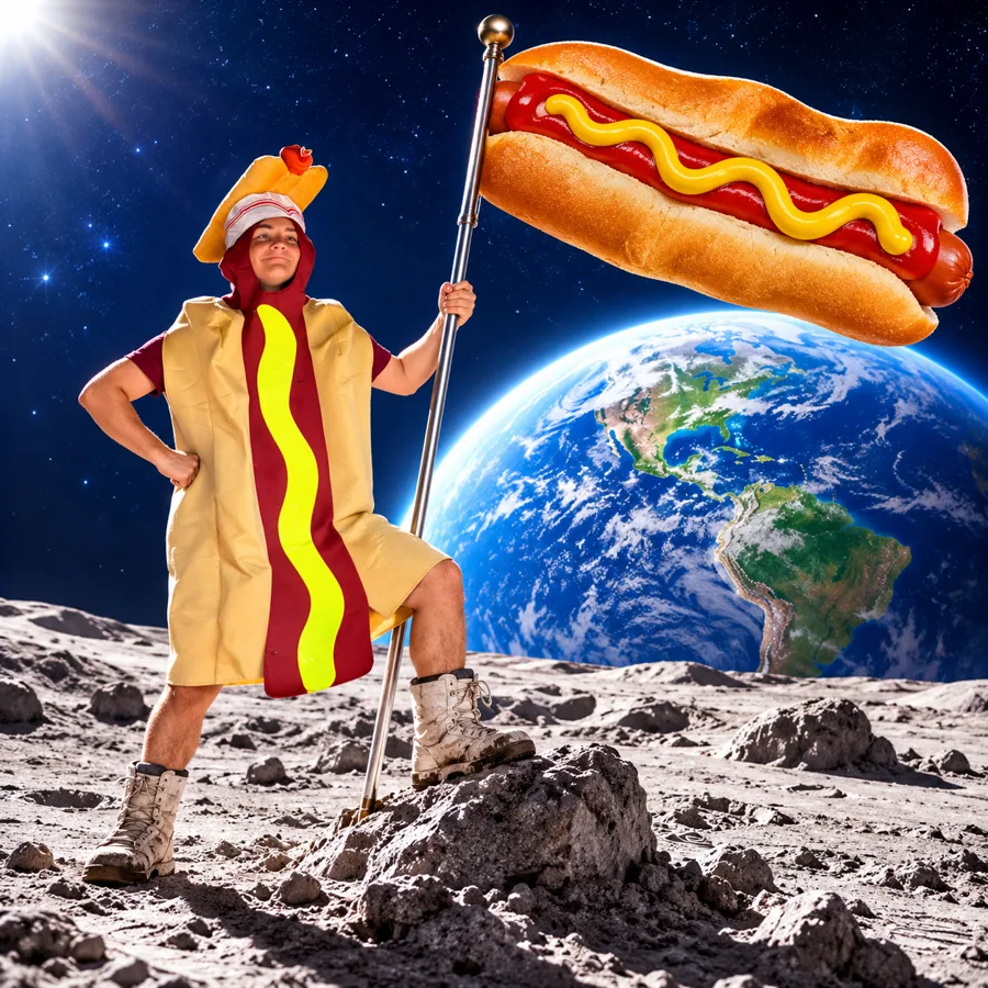 Henry planting a hot dog flag on the moon