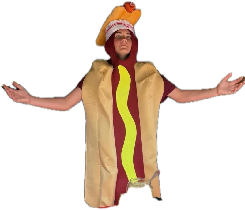 Henry in his hot dog costume with arms spread wide
